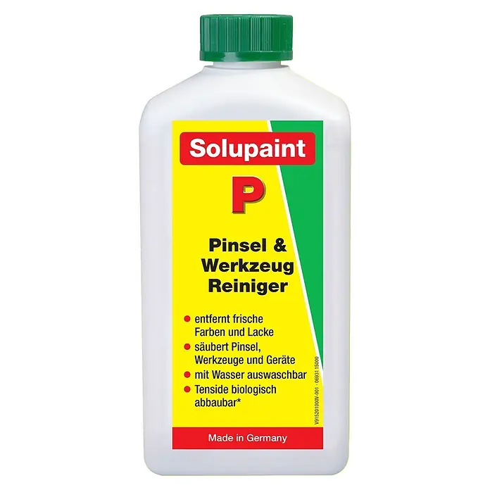 Baufan ProMineral Reinigungsmittel - 500 ml - Weiße Kunststoffflasche Solupaint Pinsel & Werkzeug Reiniger mit grünem Deckel und gelb-rotem Etikett.