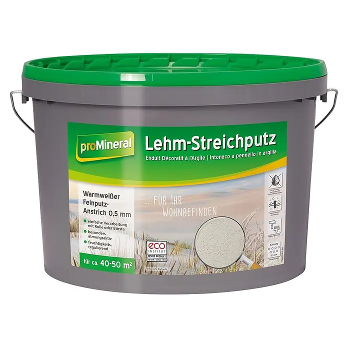 Baufan ProMineral Lehm-Streichputz - Naturweiß, 18 kg - Grauer Eimer proMineral Lehm-Streichputz mit grünem Deckel und Etikett, warmweiß, feine Struktur 0,5mm.