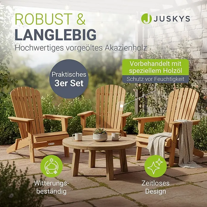 Juskys Garten-Loungesessel Korfu - 3 Stk., Akazienholz, Klappbar, Natur, B x T x H: 69 x 85 x 94 cm