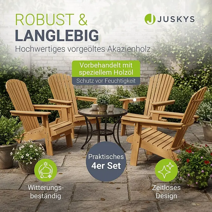 Juskys Garten-Loungesessel Korfu - 4 Stk., Akazienholz, Klappbar, Natur, B x T x H: 69 x 85 x 94 cm