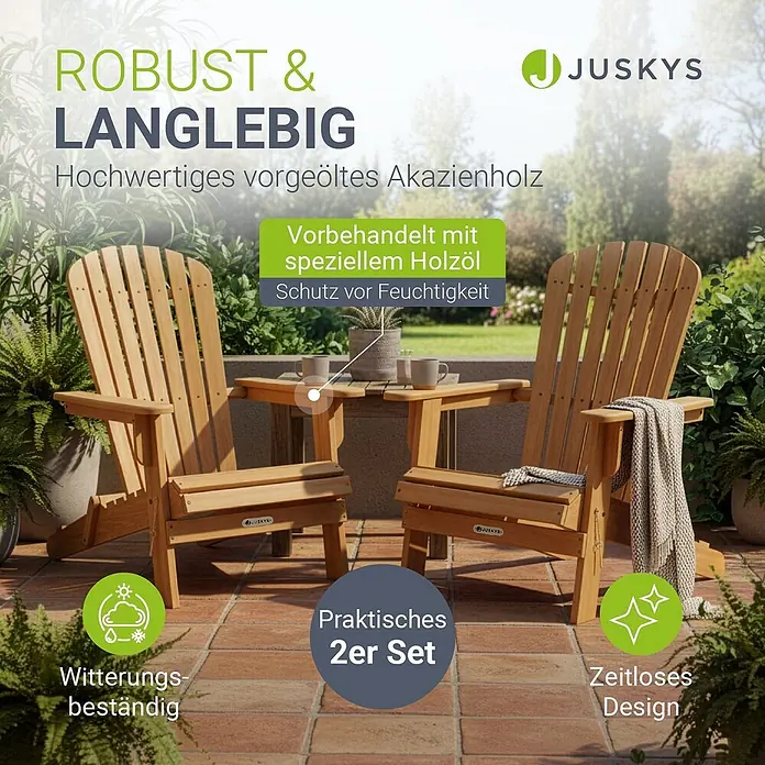Juskys Garten-Loungesessel Korfu - 2 Stk., Akazienholz, Klappbar, Natur, B x T x H: 69 x 85 x 94 cm