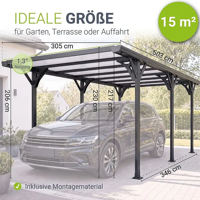 Juskys Carport - Außenmaß inkl. Dachüberstand (B x T): 3,05 x 5,03 m, Einzelcarport, dunkelgrau