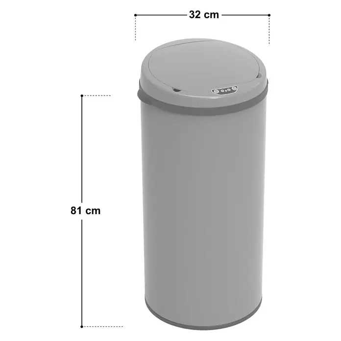 SVITA Sensormülleimer R50 - 50 l, Stahl, Grau - Grauer zylindrischer Sensor-Mülleimer, 81 cm hoch, 32 cm Durchmesser.