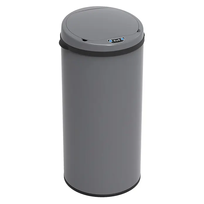 SVITA Sensormülleimer R50 - 50 l, Stahl, Grau - Ein zylindrischer grauer Automatik-Mülleimer mit Sensor-Deckel, 'OPEN'- und 'CLOSE'-Tasten und schwarzem Rand.