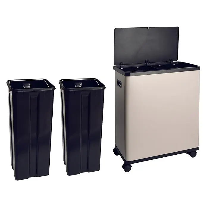 SVITA Sensormülleimer SR2X30 - 60 l, Metall, Beige - Beiger 2-Kammer-Recyclingbehälter mit schwarzem Deckel, Rollen und zwei schwarzen Innenbehältern.