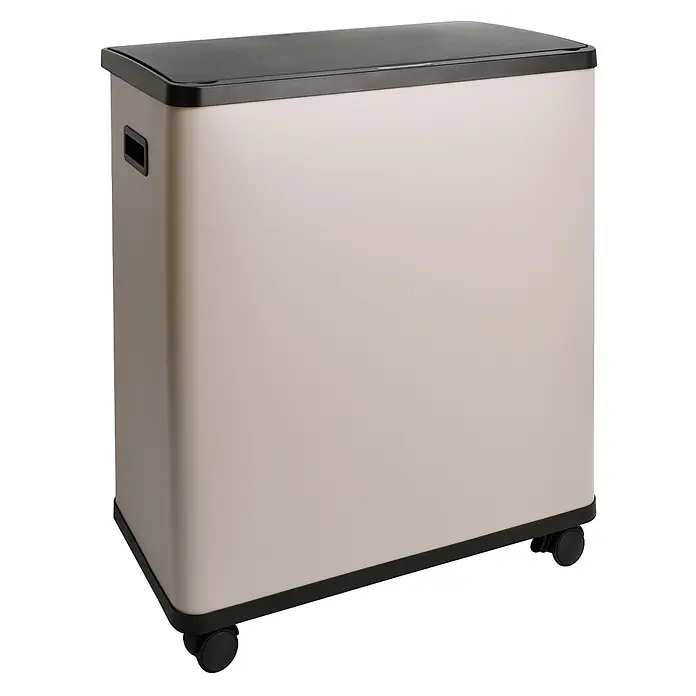 SVITA Sensormülleimer SR2X30 - 60 l, Metall, Beige - Hellbeiger rechteckiger Aufbewahrungsbehälter mit dunklem Deckel, seitlichen Griffen und Rollen.