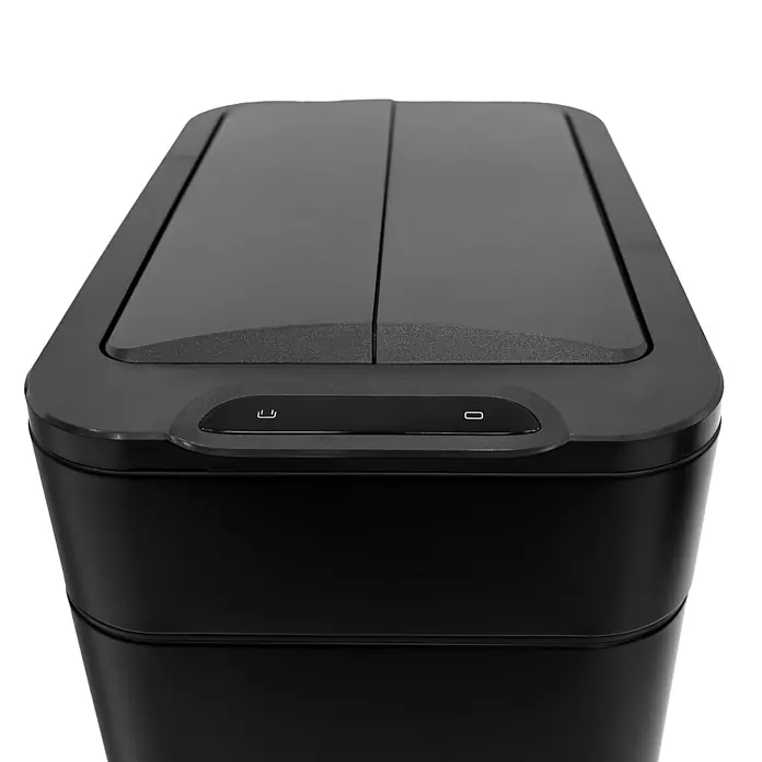 SVITA Sensormülleimer SE50L - 50 l, Stahl, Schwarz - Schwarzer automatischer Mülleimer mit geteiltem Deckel und Bedienfeld mit Öffnungs- und Schließsymbolen.