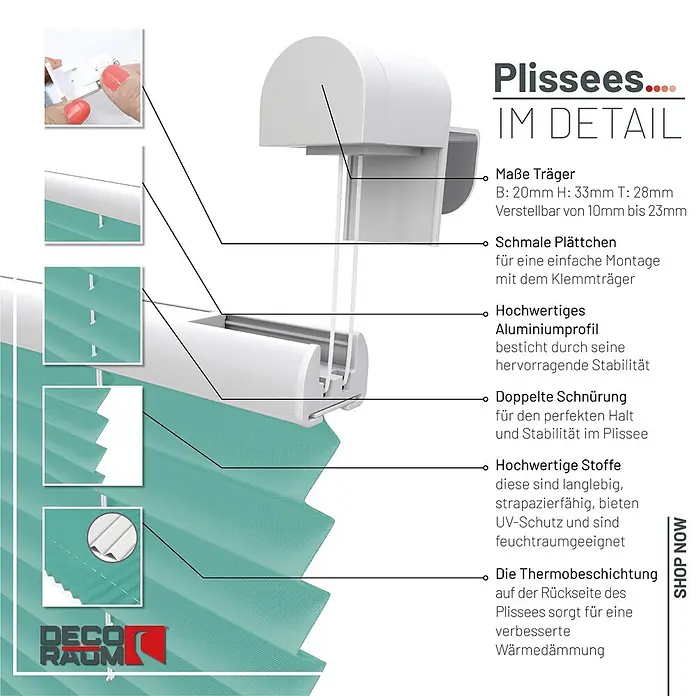 Deco-Raum Thermoplissee ohne Bohren Basic - B x H: 80 x 210 cm, Türkis