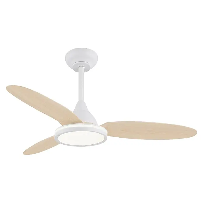 Alemar Ventilador de techo Mahon - Blanco/Madera, 107 cm - Ventilador de techo blanco con aspas de efecto madera clara y luz LED integrada.