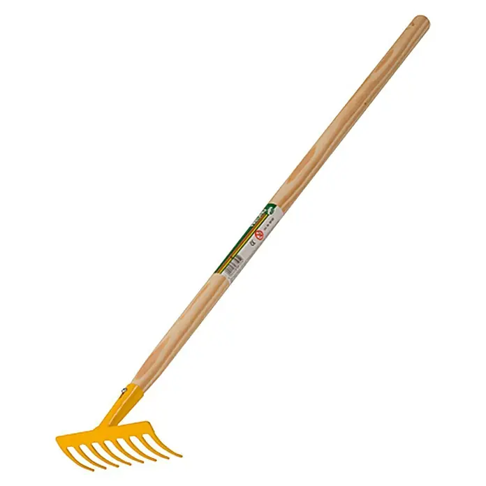 Freund Victoria Kinder-Rechen - Arbeitsbreite: 17 cm, Gelb, Kurzstiel - Gartenrechen mit gelbem Kopf und Holzstiel für die Gartenarbeit. Praktisches Werkzeug zum Ebnen von Beeten.