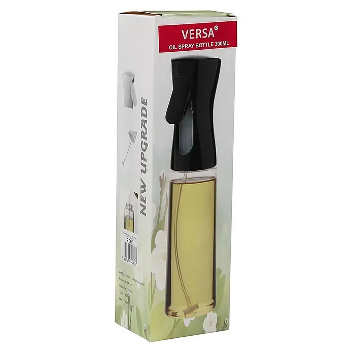 Versa Pulverizador de aceite - Ø x Al: 5,9 cm x 24,5 mm, 300 ml, Negro - Botella pulverizadora de aceite Versa 300ml (PP/PET), con pulverizador negro y cuerpo transparente, en su embalaje.