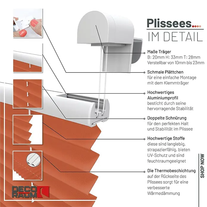 Deco-Raum Thermoplissee ohne Bohren Basic - B x H: 120 x 150 cm, Orange