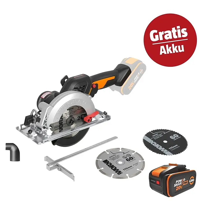 Worx PowerShare 20V Maschinenpaket - Akku-Handkreissäge WX531.9 & 20V, 4 Ah Akku Pro WA3651 - Kampagnenbild