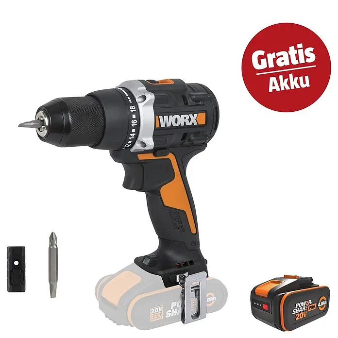 Worx PowerShare 20V Maschinenpaket - Akku-Bohrschrauber WX102.9 & 20V, 4 Ah Akku Pro WA3651 - Kampagnenbild