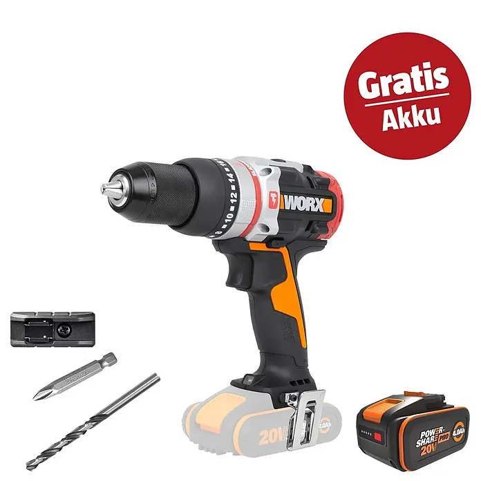 Worx PowerShare 20V Maschinenpaket - Akku-Schlagbohrschrauber SlammerDrill WX354.9 & 20V, 4 Ah Akku Pro WA3651 - Kampagnenbild