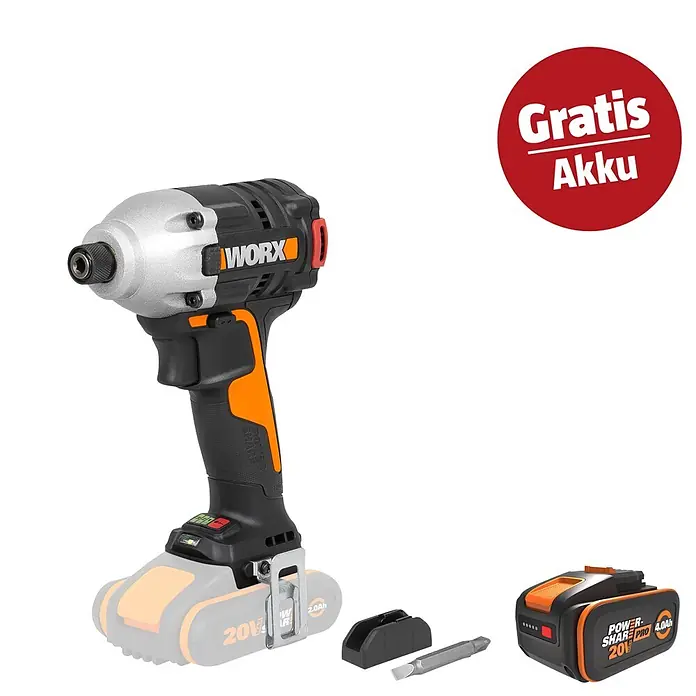 Worx PowerShare 20V Maschinenpaket - Akku-Schlagschrauber WX261.9 & 20V, 4 Ah Akku Pro WA3651 - Kampagnenbild