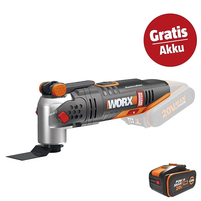 Worx PowerShare 20V Maschinenpaket - Akku-Multifunktionswerkzeug WX693.9 & 20V, 4 Ah Akku Pro WA3651 - Kampagnenbild