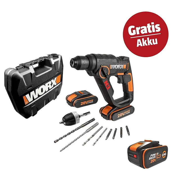 Worx PowerShare 20V Maschinenpaket - Akku-Bohrhammer WX390.1 & 20V, 4 Ah Akku Pro WA3651 - Kampagnenbild