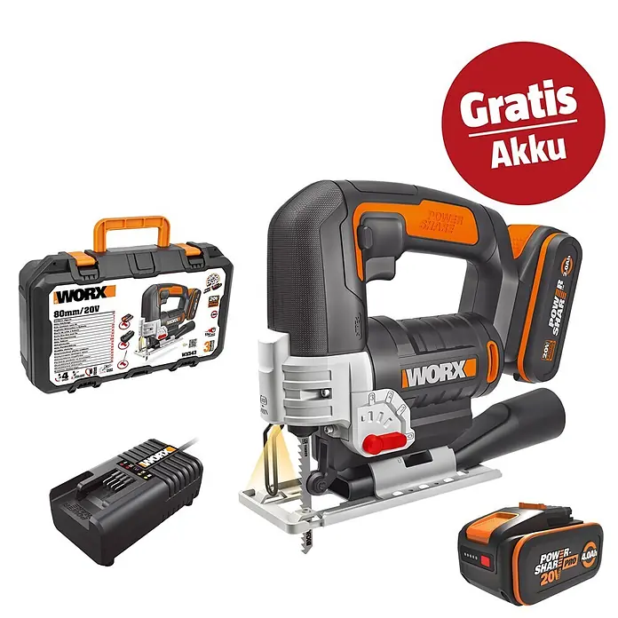 Worx PowerShare 20V Maschinenpaket - Akku-Stichsäge WX543 & 20V, 4 Ah Akku Pro WA3651 - Kampagnenbild