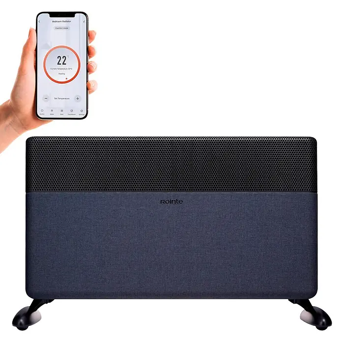 Rointe Convector Iroko - 2.000 W, 12 x 80 x 42 cm, Antracita - Radiador eléctrico Rointe gris oscuro con rejilla de nido de abeja, controlado por un smartphone que muestra una app de calefacción a 22°C.