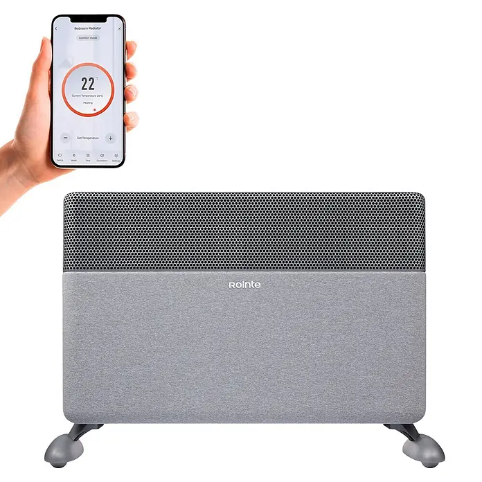 Rointe Convector Iroko - 1.500 W, 12 x 56 x 42 cm, Gris - Radiador eléctrico Rointe gris con panel superior perforado negro y ruedas, controlado por una app de smartphone que muestra los ajustes del termostato.