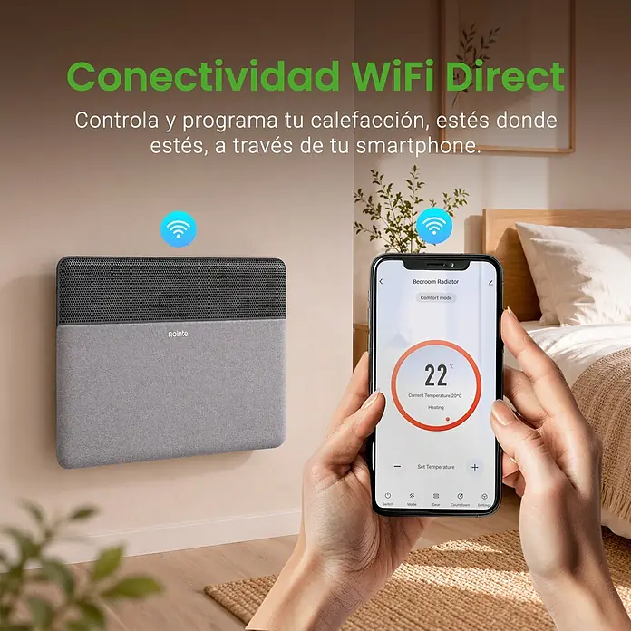 Rointe Convector Iroko - 2.000 W, 12 x 80 x 42 cm, Antracita - Radiador inteligente de pared con tela y malla grises, controlado por una app de smartphone mostrando temperatura.