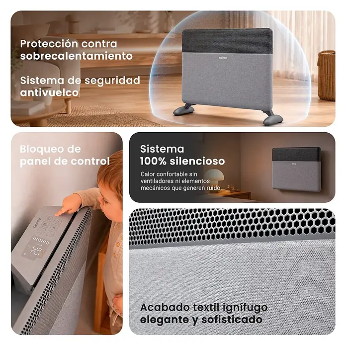 Rointe Convector Iroko - 2.000 W, 12 x 80 x 42 cm, Antracita - Calefactor eléctrico textil gris con funciones de seguridad, bloqueo infantil y funcionamiento silencioso en un hogar moderno.