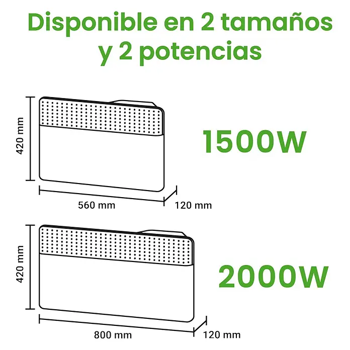 Rointe Convector Iroko - 2.000 W, 12 x 80 x 42 cm, Antracita - Dos modelos de dispositivos rectangulares con dimensiones: 420x560x120mm (1500W) y 420x800x120mm (2000W).