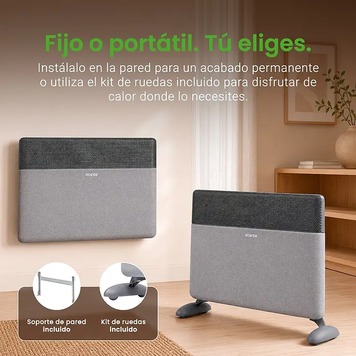 Rointe Convector Iroko - 2.000 W, 12 x 80 x 42 cm, Antracita - Calefactor eléctrico moderno gris y negro, mostrado montado en pared y portátil con ruedas. Soporte de pared y kit de ruedas incluidos para uso versátil.