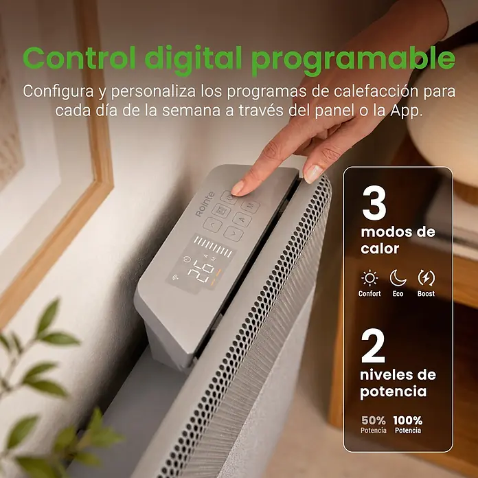 Rointe Convector Iroko - 2.000 W, 12 x 80 x 42 cm, Antracita - Radiador eléctrico Rointe gris con panel de control digital, ajustado por una mano. Ofrece control digital programable, 3 modos de calor y 2 niveles de potencia.