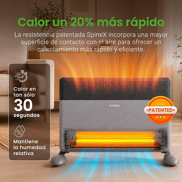 Rointe Convector Iroko - 2.000 W, 12 x 80 x 42 cm, Antracita - Calefactor Rointe gris con elemento incandescente, que irradia aire naranja cálido y circula el aire. Con diseño 'PATENTED', calienta rápidamente.