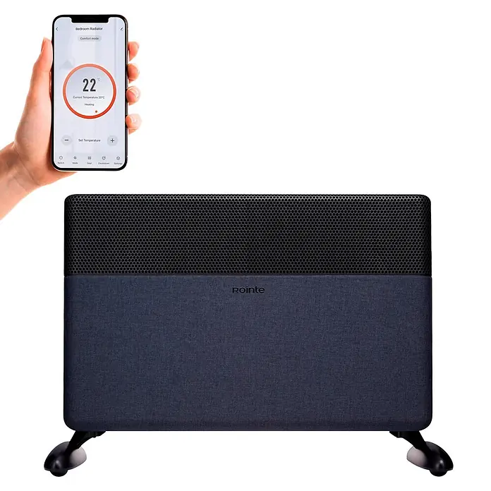 Rointe Convector Iroko - 1.500 W, 12 x 56 x 42 cm, Antracita - Radiador eléctrico textil azul oscuro con rejilla negra y ruedas, controlado por una app de smartphone mostrando 22°C.