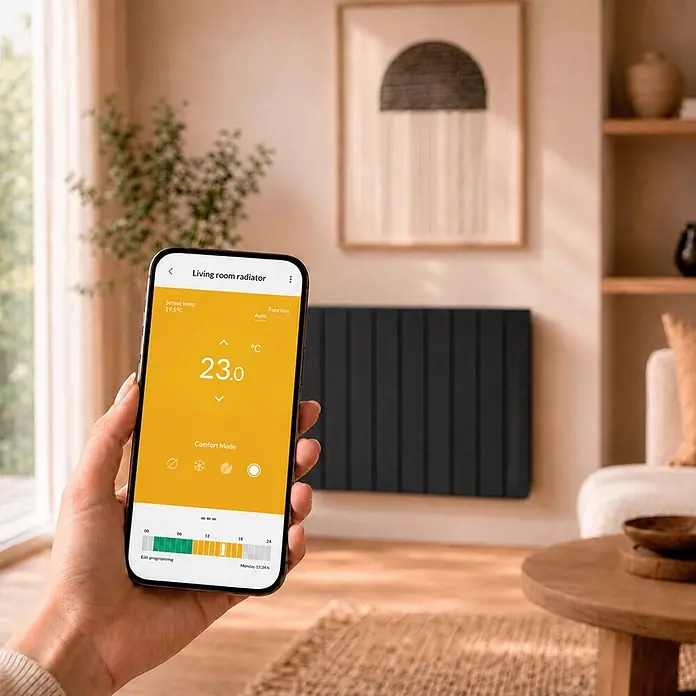 Voltomat Emisor térmico fluído Evo - 600 W, Negro, An x Pr x Al: 42 x 9 x 55,5 cm - Mano sosteniendo un smartphone que muestra una app controlando un radiador eléctrico negro en un salón.