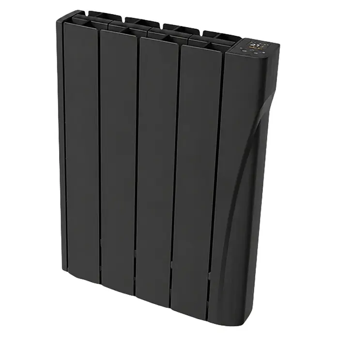Voltomat Emisor térmico fluído Evo - 600 W, Negro, An x Pr x Al: 42 x 9 x 55,5 cm - Radiador eléctrico negro con aletas verticales y pantalla digital en la parte superior derecha.