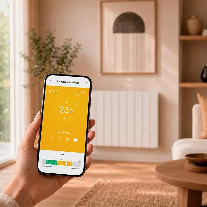 Voltomat Emisor térmico fluído Evo - 600 W, Blanco, An x Pr x Al: 42 x 9 x 55,5 cm - Una mano sostiene un smartphone con una app de control de radiador inteligente ajustada a 23,0°C y modo Confort, con un radiador en el fondo del salón.