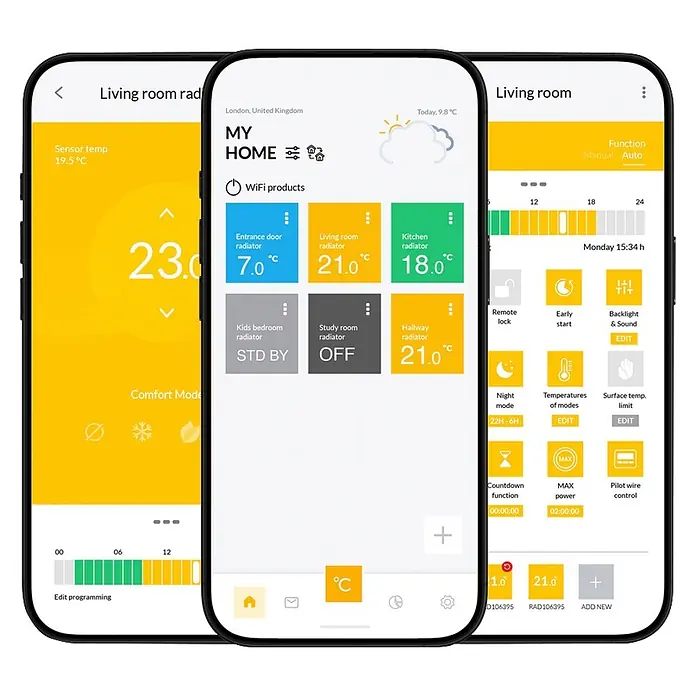 Voltomat Emisor térmico fluído Evo - 600 W, Blanco, An x Pr x Al: 42 x 9 x 55,5 cm - Pantallas de smartphone muestran una app de control de calefacción inteligente con interfaces amarillas, blancas y grises, mostrando temperaturas y ajustes.