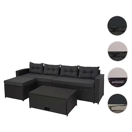 Poly-Rattan-Garnitur | Balkon-/Garten-/Lounge-Set Sitzgruppe Sofa | Staufach | Schwarz | Kissen Dunkelgrau