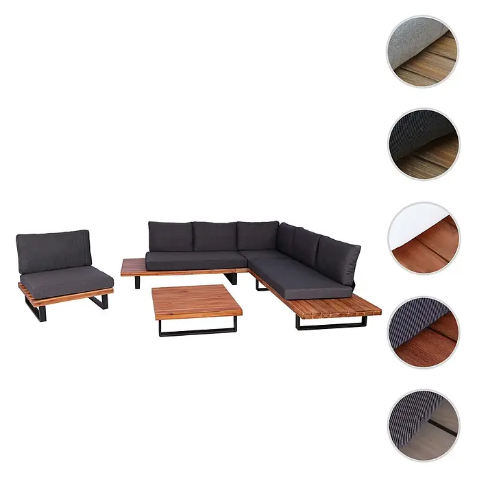 Garten-Garnitur mit Sessel | Lounge-Set Sofa | Spun Poly Akazie Holz FSC® Aluminium | Braun | Polster Dunkelgrau -  - Modulare Outdoor-Loungegruppe mit dunkelgrauen Kissen, Akazienholzrahmen und schwarzen Metallbeinen, bestehend aus Ecksofa, Sessel und Couchtisch.