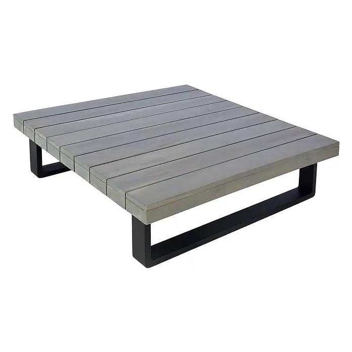 Garten-Garnitur | Garnitur Sitzgruppe Lounge-Set | Spun Poly Akazie Holz FSC® Alu | Grau | Polster Dunkelgrau -  - Quadratischer Couchtisch mit grauer Holzplatte aus Latten und schwarzen U-förmigen Metallbeinen.