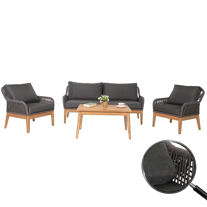 Proregal Loungemöbel-Set - 4 -tlg., Polyester, Seilgeflecht Rope Holz Akazie, Grau