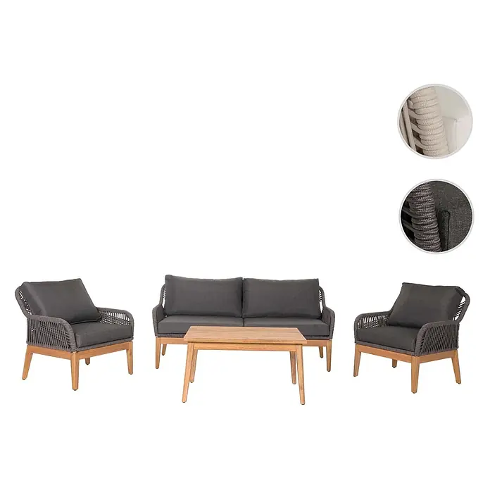 Proregal Loungemöbel-Set - 4 -tlg., Polyester, Seilgeflecht Rope Holz Akazie, Grau