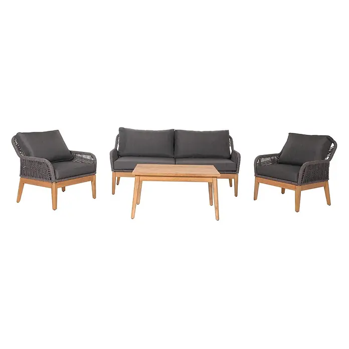 Proregal Loungemöbel-Set - 4 -tlg., Polyester, Seilgeflecht Rope Holz Akazie, Grau