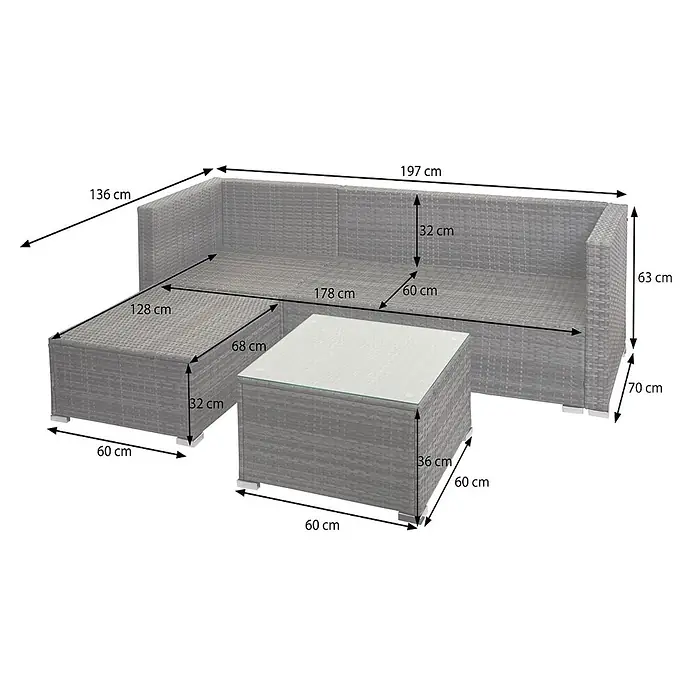 Proregal Loungemöbel-Set - 3 -tlg., Polyester, Kissen Creme ohne Dekokissen, Schwarz - Graue Rattan-Gartenlounge-Garnitur mit Ecksofa, Hocker und Glastisch, Maße angegeben.