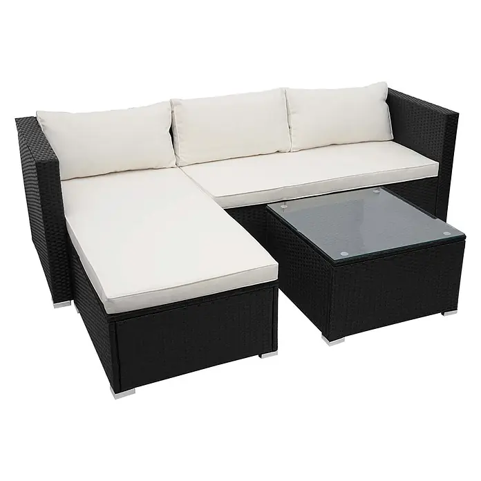 Proregal Loungemöbel-Set - 3 -tlg., Polyester, Kissen Creme ohne Dekokissen, Schwarz - Schwarzes Rattan-Ecksofa mit weißen Kissen und passendem Couchtisch mit Glasplatte für den Außenbereich.