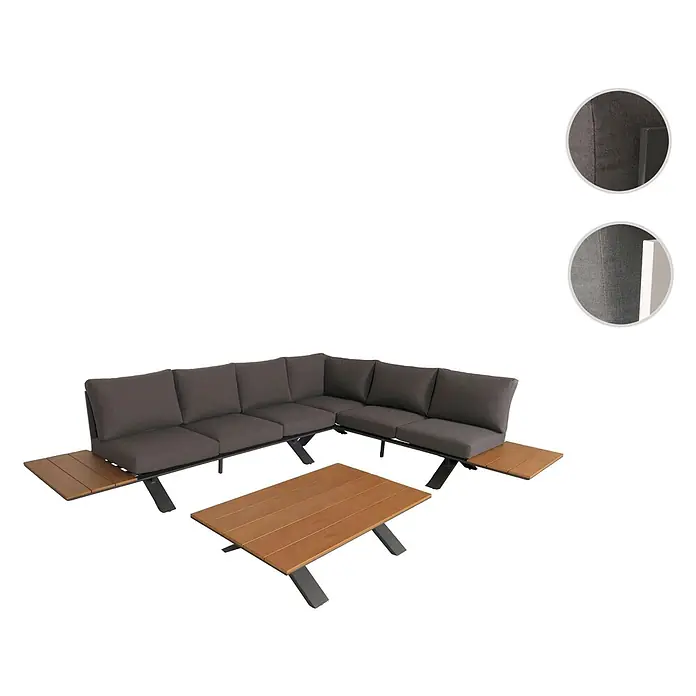 Aluminium Garten-Garnitur | Sitzgruppe Garten-/Lounge-Set Sofa | Holzoptik | Gestell Anthrazit | Polster Dunkelgrau -  - Dunkelgraue Outdoor-Ecksofa mit Holz-Beistelltischen und passendem Couchtisch, mit dunklem Metallrahmen.