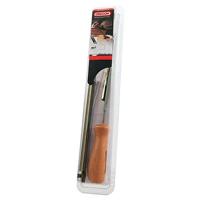 Oregon Kit de afilado de motosierra Q 105860 - 4 pzs. - Un kit de afilado de cadena Oregon en un recipiente de plástico transparente. Contiene limas y un mango de madera para el afilado de cadena.