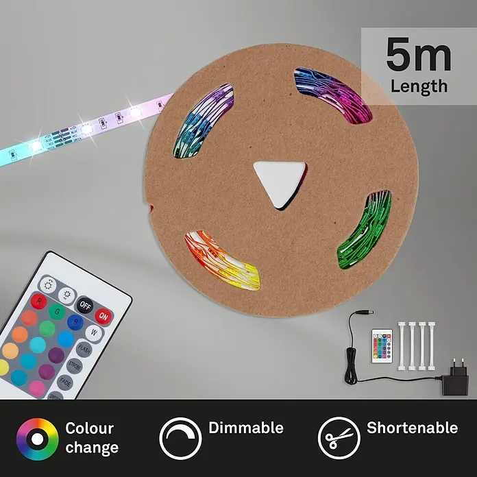 Briloner LED-Band Flexband - Länge: 5 m, Lichtfarbe: RGBW, 22 W - LED-Lichtband-Set mit 5m RGB-Lichtstreifen auf Rolle, Fernbedienung, Netzteil, Steckern. Farbwechsel, dimmbar, kürzbar.