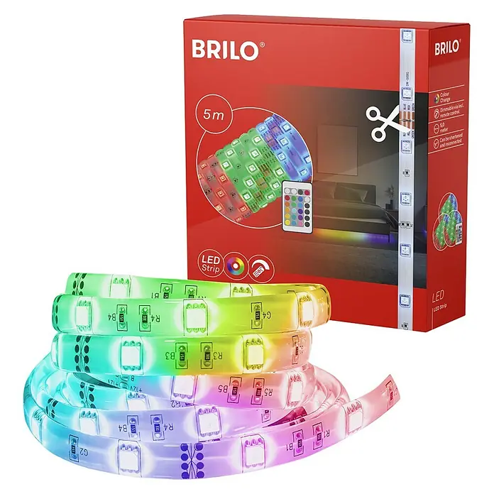 Briloner LED-Band Flexband - Länge: 5 m, Lichtfarbe: RGBW, 22 W - Gekräuseltes, mehrfarbiges LED-Lichtband neben roter Verpackung, hervorhebend 5m Länge und Fernbedienungsdimmung.