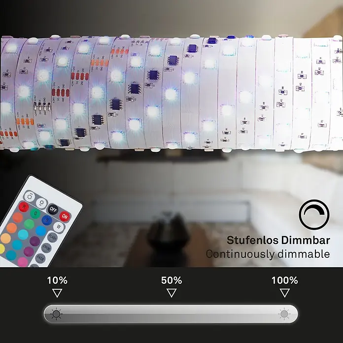 Briloner LED-Band Flexband - Länge: 5 m, Lichtfarbe: RGBW, 22 W - Weiße LED-Streifenlichter und Fernbedienung, die stufenloses Dimmen von 10% auf 100% Helligkeit zeigen.