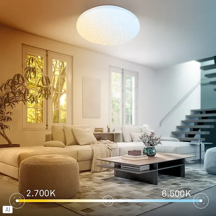 LED-Deckenleuchte rund Luminus - 24 W, Ø x H: 34 x 6 cm, Weiß, Warmweiß - Runde LED Deckenleuchte mit Sternen-Effekt, zeigt einstellbares warmes bis kühles Licht im Wohnzimmer.